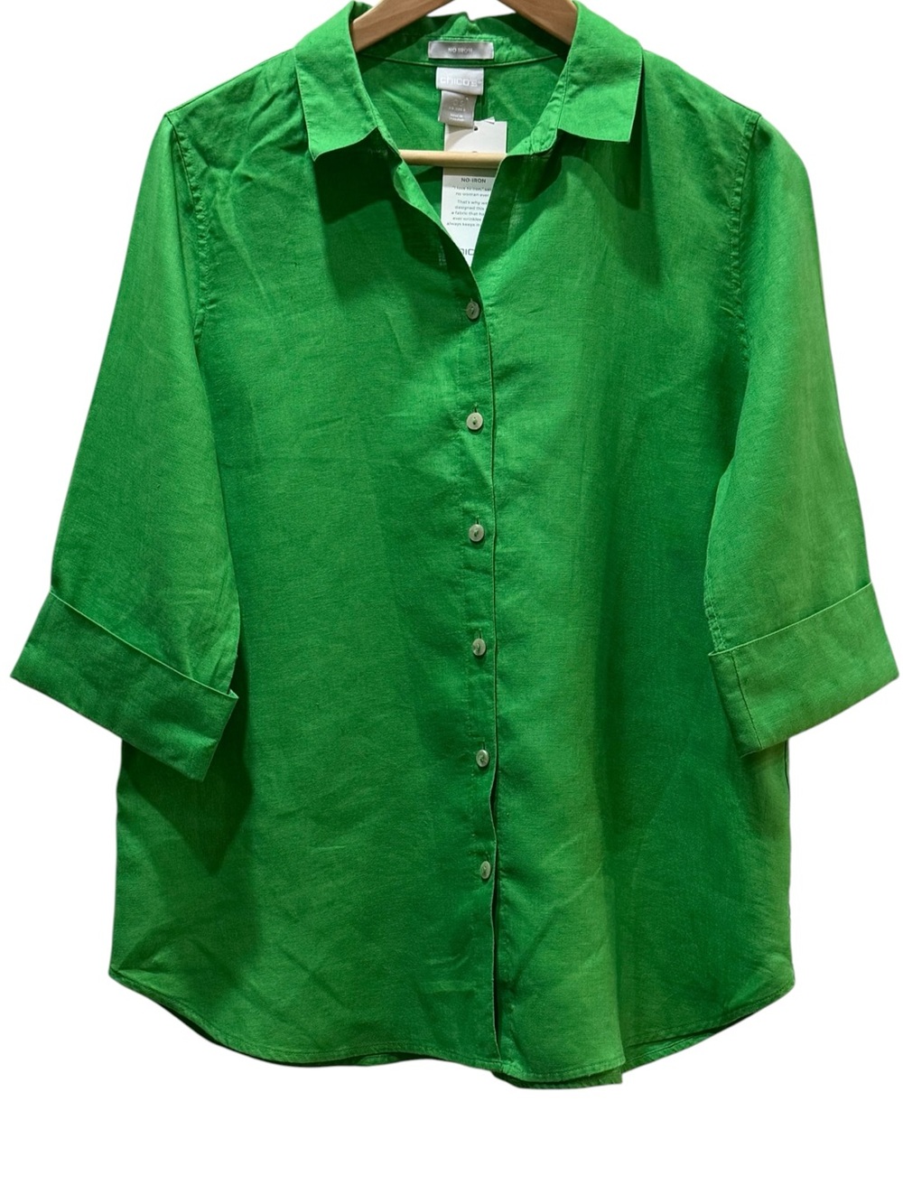 Chico’s No Iron 100% Linen Shirt Green Button Front 3/4 Sleeve Coastal Relaxed